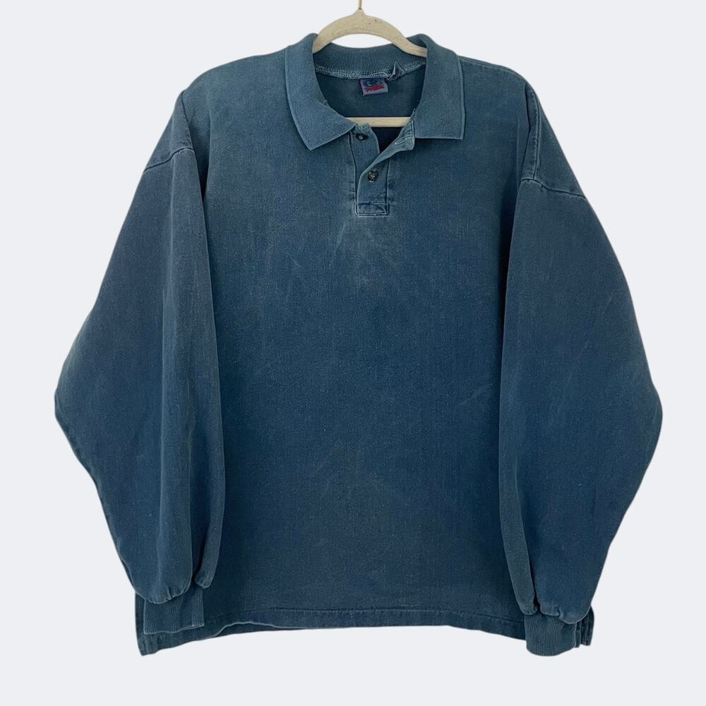 WEK Vintage Mens Faded Blue Long Sleeve Collared Polo Shirt